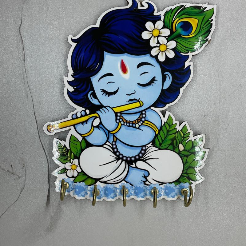 Lord Krishna Wall Mount Key Holder – Decorative Krishna Key Stand with Hooks 6.7 Inches - Locate Us Store