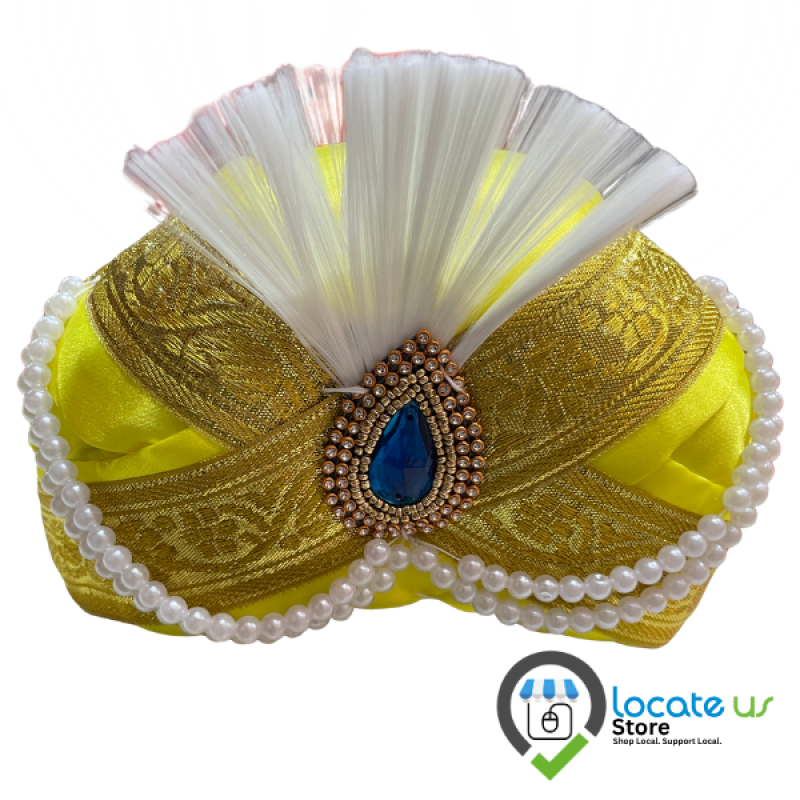 Royal Lemon Yellow Peta – Handcrafted Shahi Turban with Designer Pearl Strings, Turquoise Kalgi & White Plume for Ganesha Alankaram by Locate Us Store