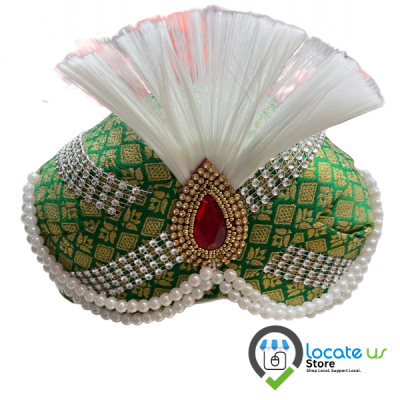 Imperial Emerald Green Peta – Handcrafted Shahi Turban with Ruby-Red Kalgi, Diamond-Cut Accents & White Plume for Deity Alankaram by Locate Us Store