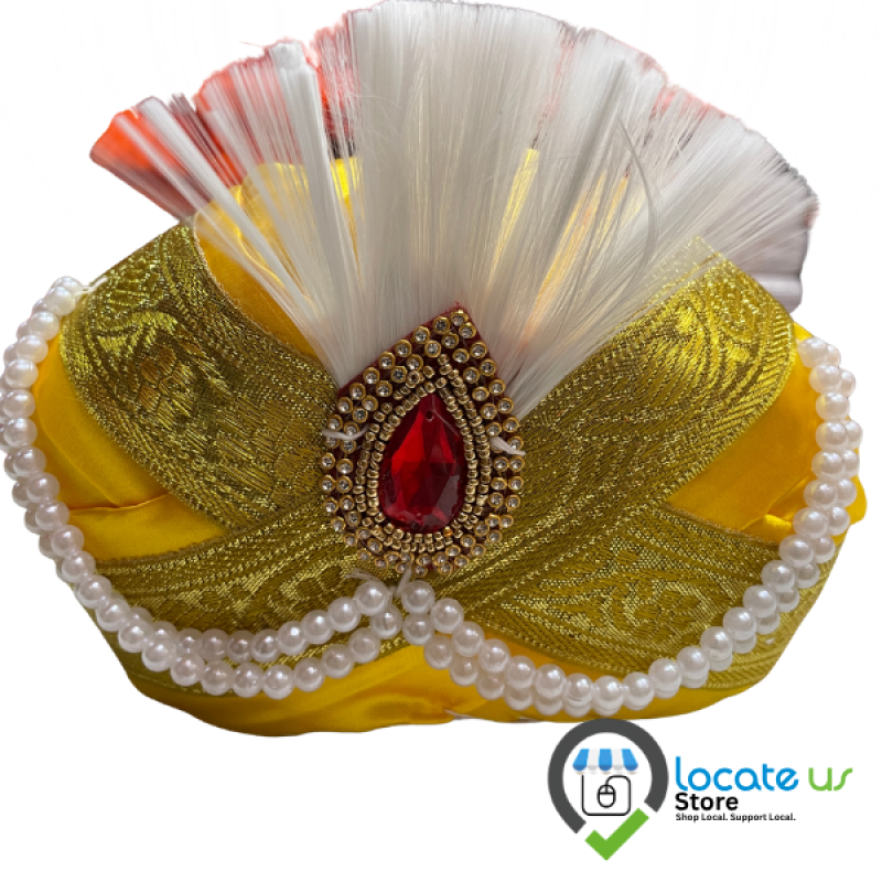 Imperial Golden Yellow Peta – Handcrafted Shahi Turban with Ruby-Red Kalgi, Designer Pearl Chains & White Plume by Locate Us Store