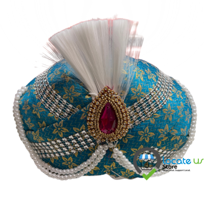 Imperial Sky Blue Mysore Peta – Designer Wedding Peta with Ruby-Red Kalgi, Diamond-Cut Lattice & White Plume by Locate Us Store