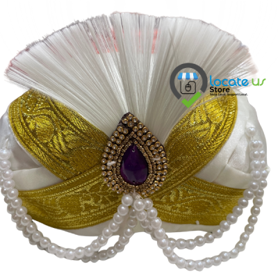 Imperial Off-White Mysore Peta – Designer Wedding Peta with Deep Purple Kalgi, Pearl Accents & White Plume by Locate Us Store
