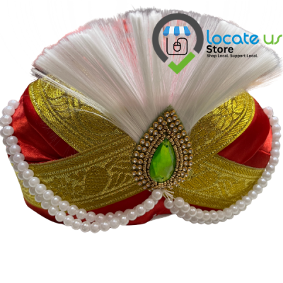 Imperial Royal Red Mysore Peta – Designer Wedding Peta with Emerald-Green Kalgi, Pearl Accents & White Plume by Locate Us Store