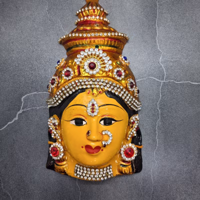 Decorative Yellow Lakshmi Devi Face Mask with Jewel Work (20 cm) for Varamahalakshmi Pooja | Kalasha & Lakshmi Idol Decoration
