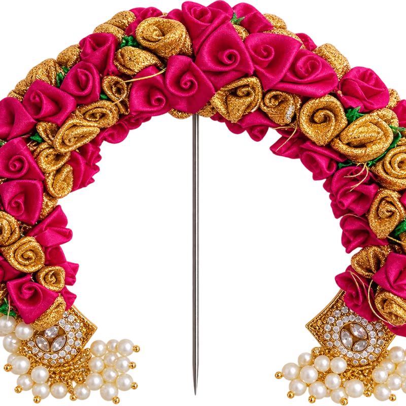 Royal Magenta & Gold Floral Prabhavali with Pearl & Kundan Embellishments | Varamahalakshmi Pooja Idol Decoration