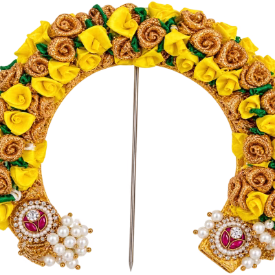 Yellow & Gold Floral Prabhavali with Pearl & Kundan Embellishments | Varamahalakshmi Pooja Idol Decoration