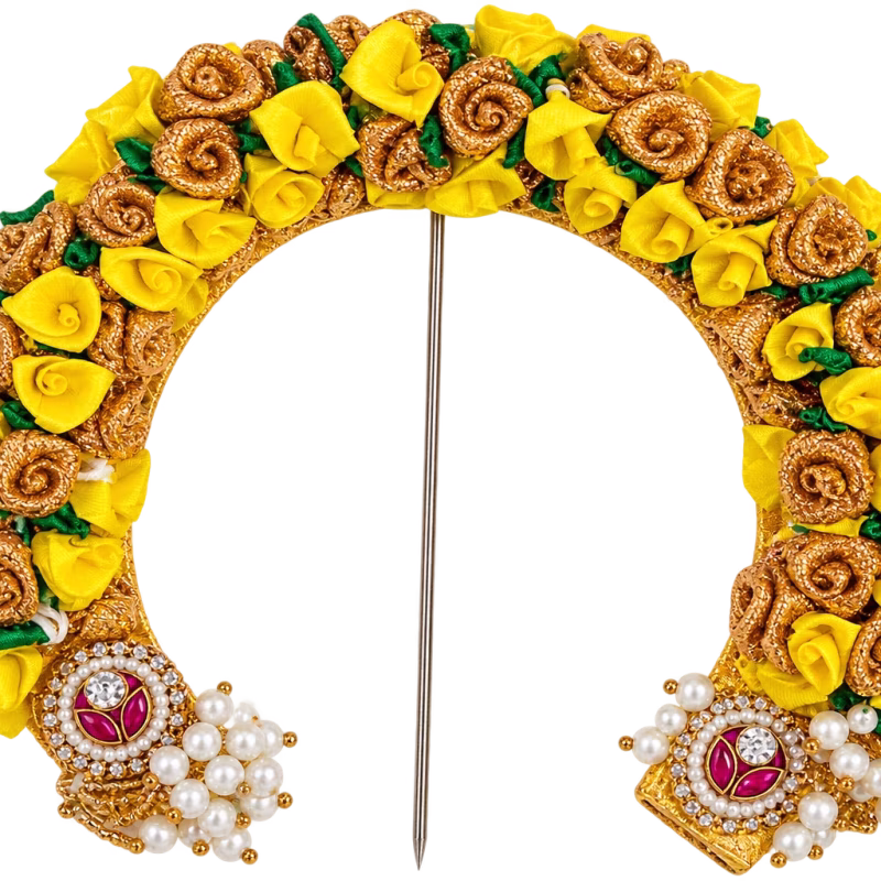 Yellow & Gold Floral Prabhavali with Pearl & Kundan Embellishments | Varamahalakshmi Pooja Idol Decoration