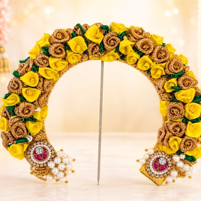 Yellow & Gold Floral Prabhavali with Pearl & Kundan Embellishments | Varamahalakshmi Pooja Idol Decoration