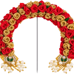 Red & Gold Floral Prabhavali with Pearl & Kundan Embellishments | Varamahalakshmi Pooja Idol Decoration