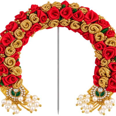 Red & Gold Floral Prabhavali with Pearl & Kundan Embellishments | Varamahalakshmi Pooja Idol Decoration
