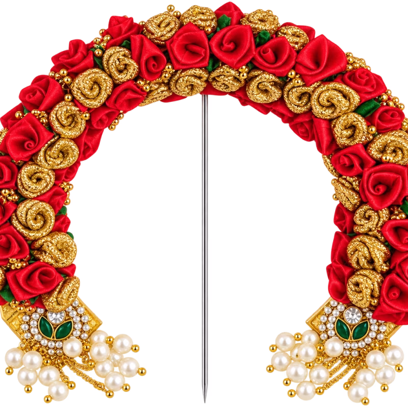 Red & Gold Floral Prabhavali with Pearl & Kundan Embellishments | Varamahalakshmi Pooja Idol Decoration