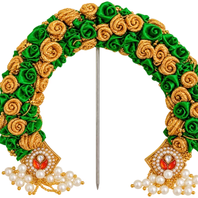 Green & Gold Floral Prabhavali with Pearl & Kundan Embellishments | Varamahalakshmi Pooja Idol Decoration