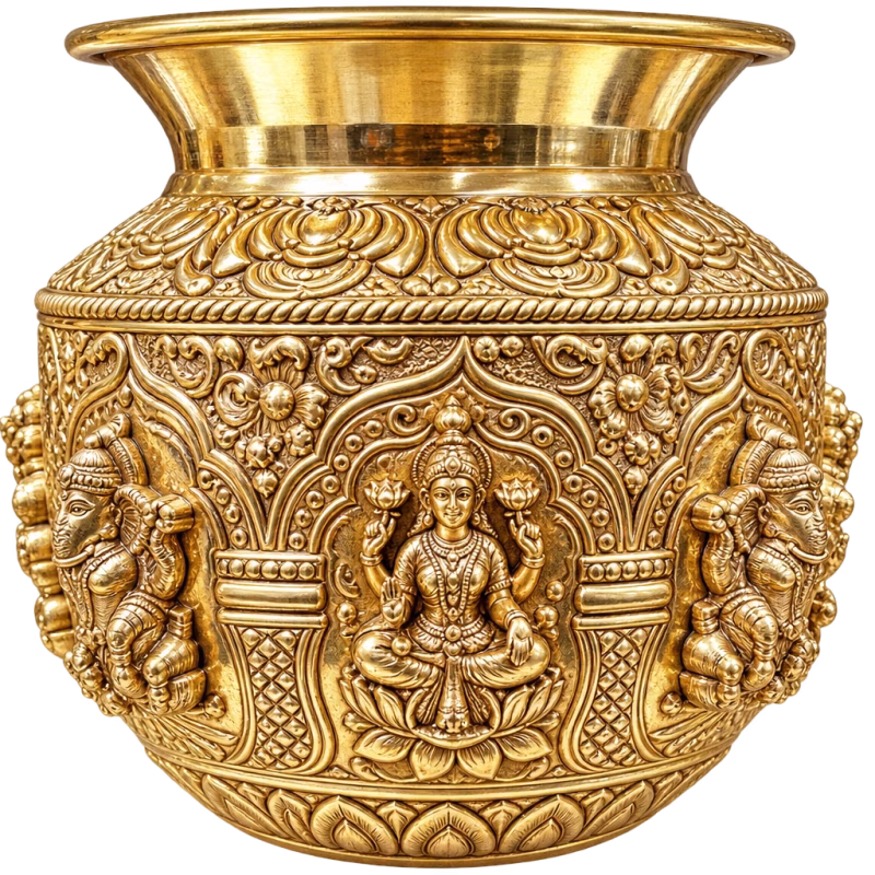 Decorative Golden-Tone White Metal Goddess Embossed Kalash – Varamahalakshmi Pooja & Festival Decoration
