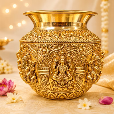 Decorative Golden-Tone White Metal Goddess Embossed Kalash – Varamahalakshmi Pooja & Festival Decoration
