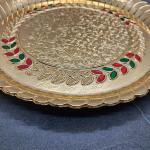 Premium Gold Finish Floral and Leaf style embossed Acrylic Pooja Thali – 10 cm | Decorative Round Pooja Plate with Stone & Enamel Work