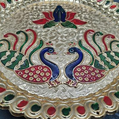 Premium Acrylic Peacock Pooja Thali (19 cm) | Luxury Gold Round Pooja Plate with Stone Work for Varamahalakshmi, Diwali, Return Gifts & Home Décor