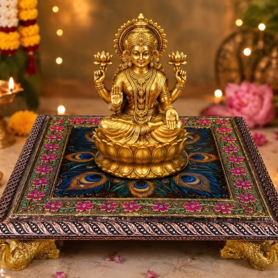 Peacock Design Decorative Pooja Chowki & Pooja Peetha Size 8*8 inch | Square Bajot for Varamahalakshmi Festival & Home Temple Décor