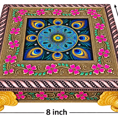 Peacock Design Decorative Pooja Chowki & Pooja Peetha Size 8*8 inch | Square Bajot for Varamahalakshmi Festival & Home Temple Décor
