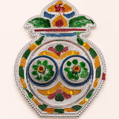 Acrylic Kalasha Pooja Thali Set Pack of 3 with Green Leaf Design & Arishina Kumkum Containers | Varalakshmi Pooja Decoration
