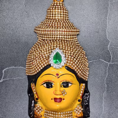 Yellow Lakshmi Devi Face Mask with White Stone Keerita (18 cm) for Varamahalakshmi Pooja | Decorative Face for Kalasha & Lakshmi Idol