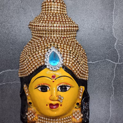 Yellow Lakshmi Devi Face Mask with White Stone Keerita (18 cm) for Varamahalakshmi Pooja | Decorative Face for Kalasha & Lakshmi Idol