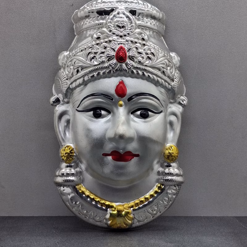 Silver-Plated Elegant Lakshmi Devi Face Mask (17 cm) for Varamahalakshmi Pooja | Decorative Mahalakshmi Face