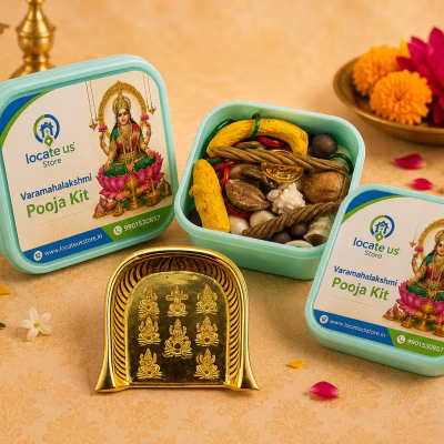 Premium Varamahalakshmi Pooja Kit with Brass Ashta Lakshmi Muram – 15 Sacred Items