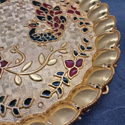 Premium Acrylic Peacock Pooja Thali (23 cm) | Luxury Gold Round Pooja Plate with Stone Work for Varamahalakshmi, Diwali, Return Gifts & Home Décor